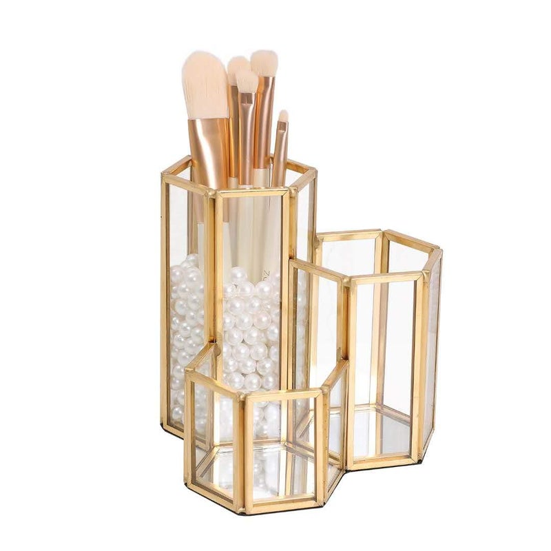 K COOL Decorative Makeup Brush Holder Pen Pencil Holder for Desk Organizer Gold Glass Cosmetic Display Cases Pot for Women Girls - Image 1